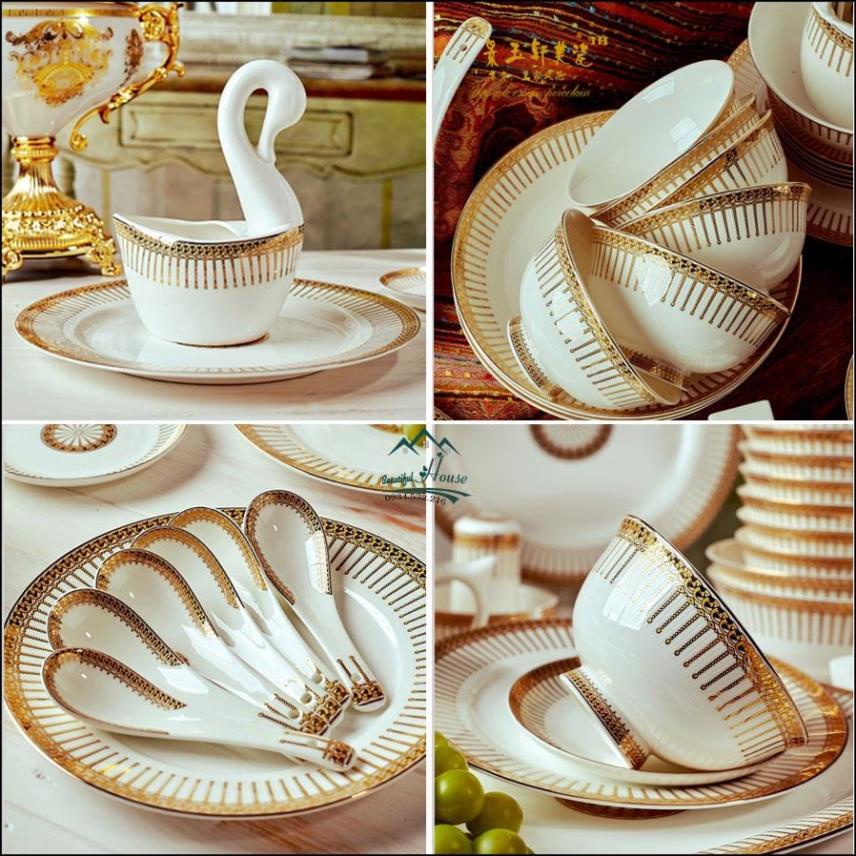 Set Bát Đĩa Sứ Xương Hoạ Tiết Kẻ Sọc 60 Chi Tiết Cao Cấp