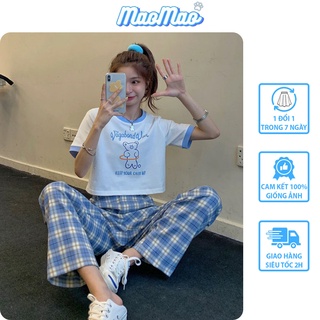 Đồ bộ nữ áo croptop phối quần ống rộng caro ulzzang B01 - MaoMao
