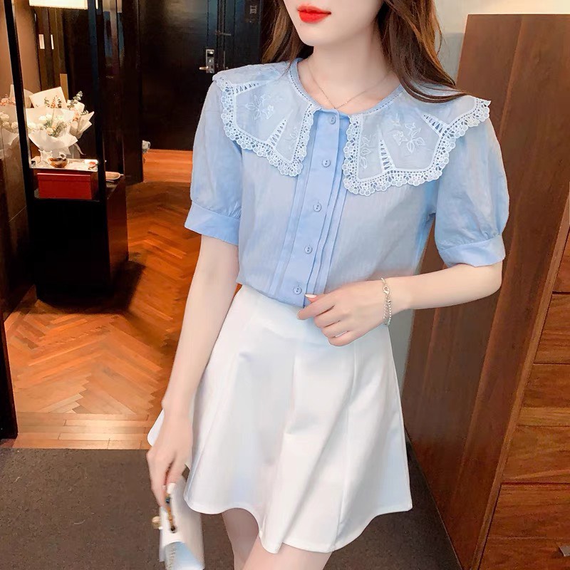 ( Có Ảnh Thật) Sơ Mi Quảng Châu Cổ Bèo Rộng Phong Cách Hàn Quốc Chất Đũi Xước Đẹp Hai Màu Trắng Xanh Giá Siêu Ưu Đãi