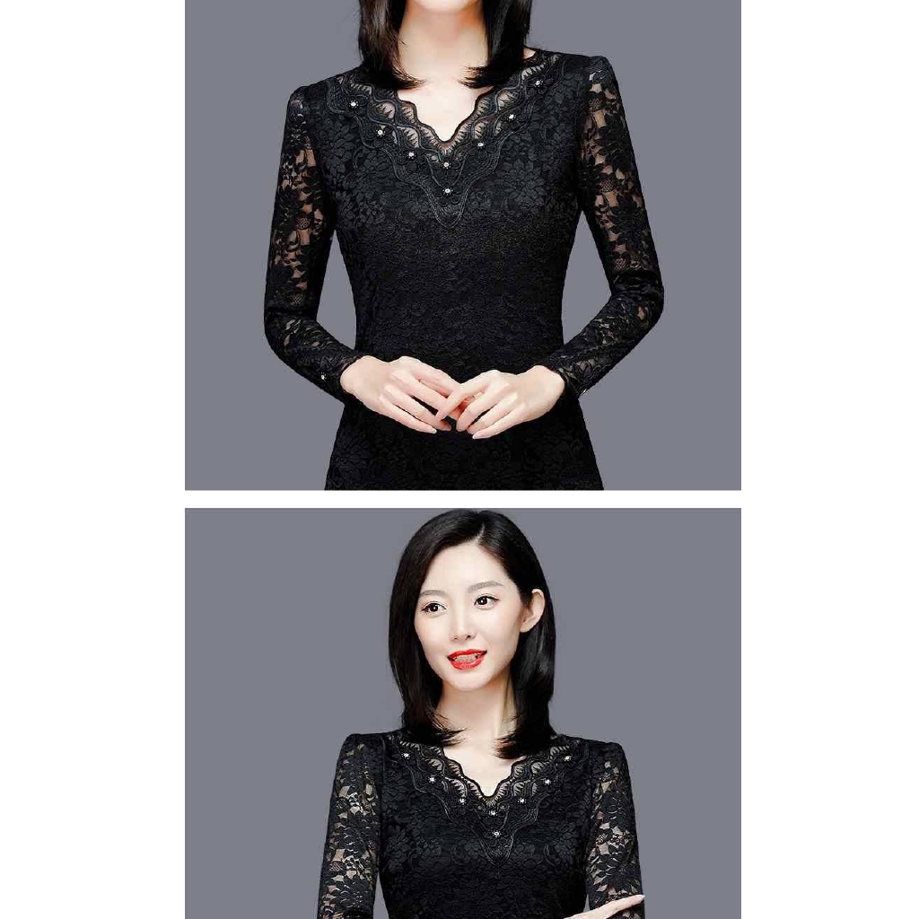 Autumn Winter Women Slim V-neck Long-sleeved Lace Bottoming Large Size fashion Shirt | BigBuy360 - bigbuy360.vn