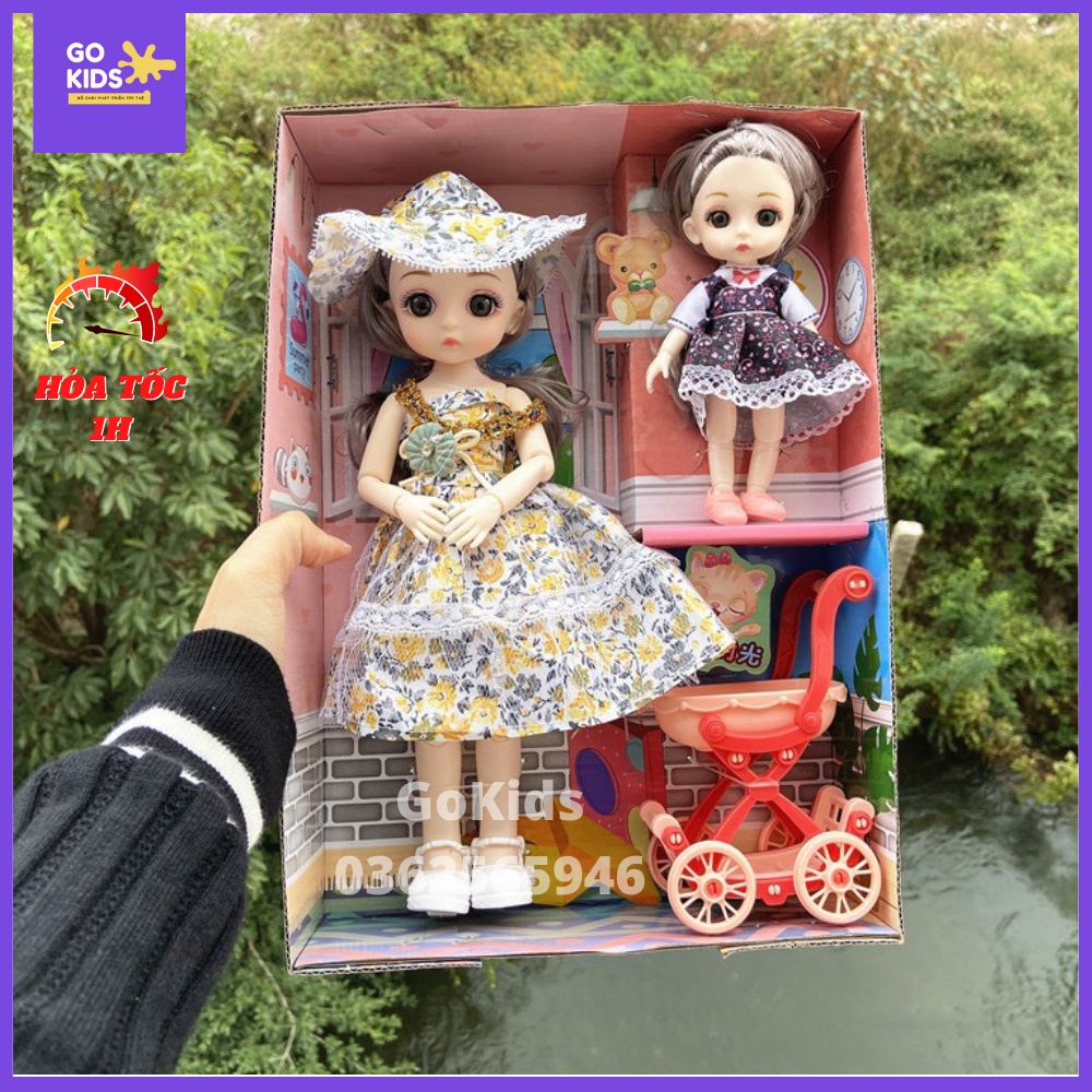 ✽■♚(Ảnh thật) Hộp búp bê 2 chị em gái siêu cute (búp mắt đá, có khớp)