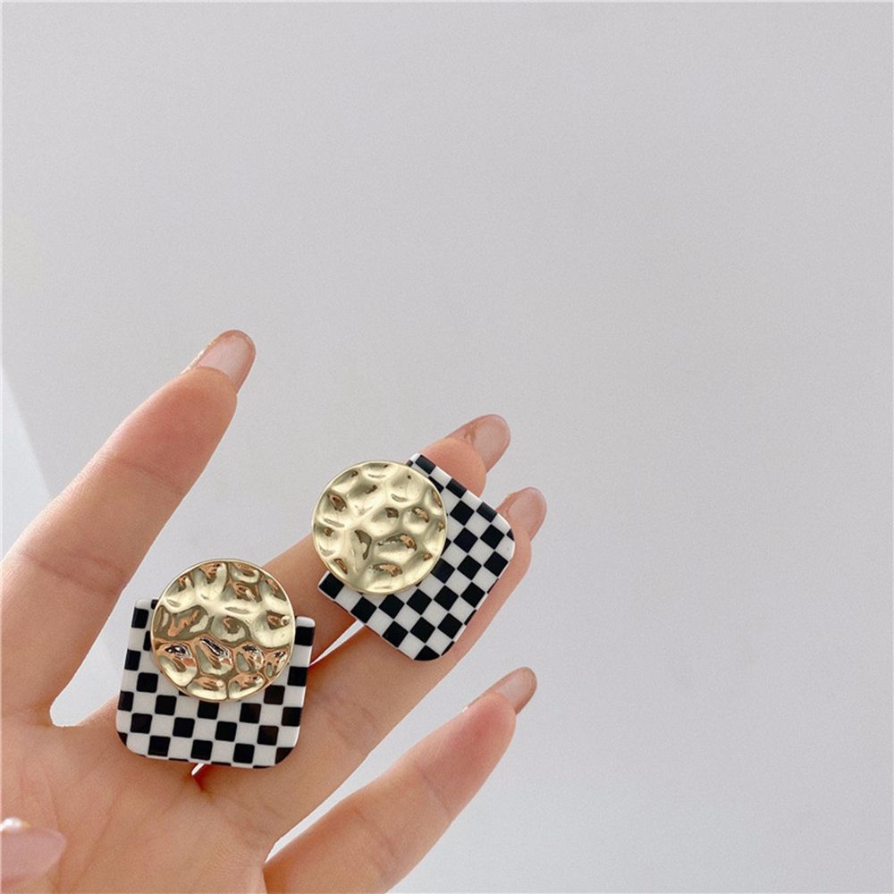 Khuyên Tai Acrylic Hình Vuông Họa Tiết Kẻ Sọc Caro Phong Cách Hàn Quốc Thanh Lịch Cho Nữ