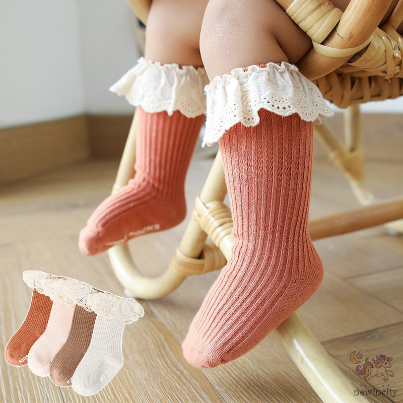 Vớ Cotton Mềm Sọc Gân Phối Ren Phong Cách Hàn Quốc Cho Bé Gái Sơ Sinh