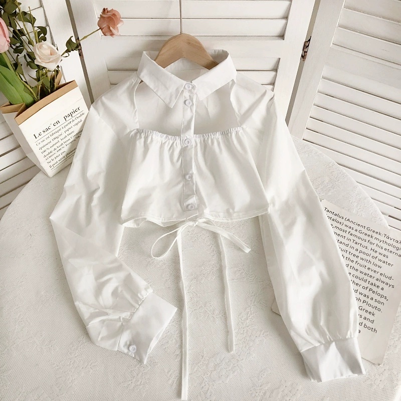 [Mã FAMARAL1 giảm 10K đơn 50K] Áo sơ mi croptop nữ dài tay HAGA khoét rúm cầu ngực xẻ hở lưng cột nơ SMBL29
