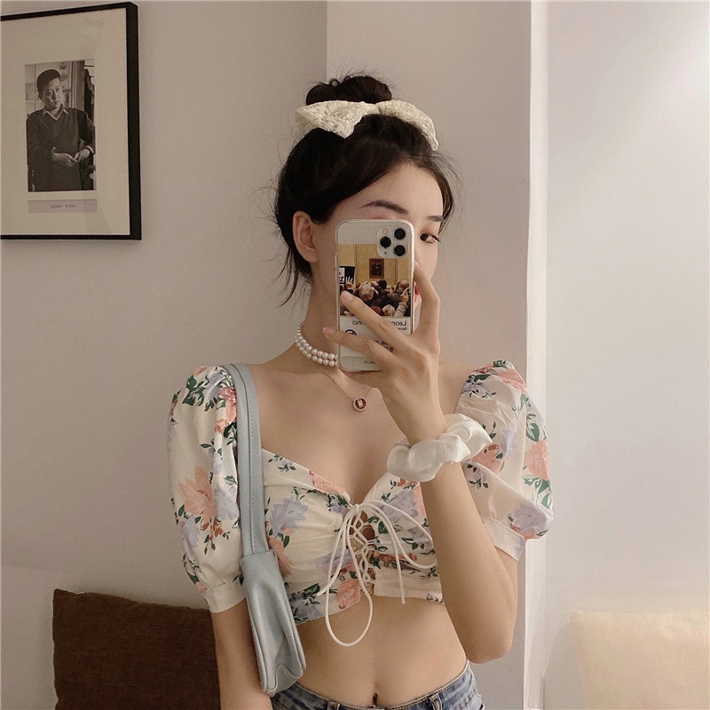 Mới Áo Croptop Tay Ngắn Họa Tiết Hoa Gợi Cảm Cho Nữ