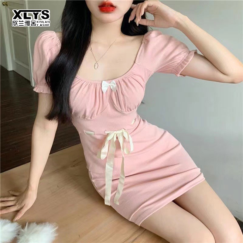Xin LAN YA SHE Đầm Hồng Tay Ngắn Cổ Tròn Thắt Nơ Phong Cách Hàn Quốc Cho Nữ váy thiết kế tay bồng