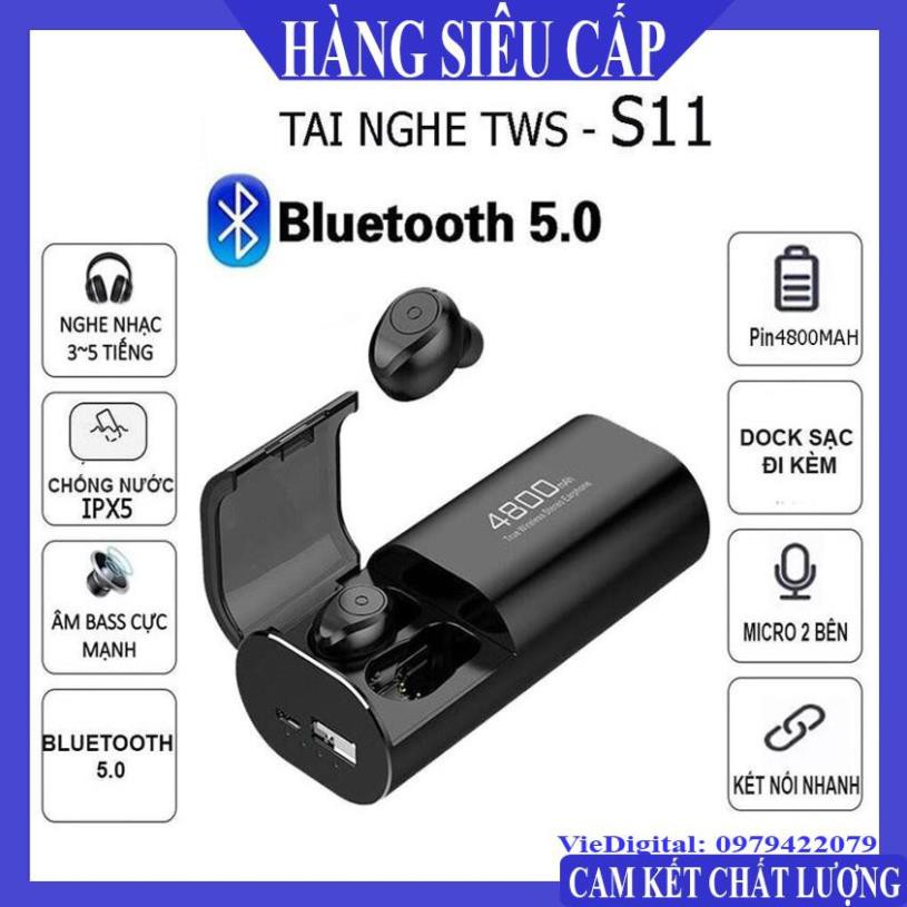 Tai Nghe Bluetooth, Tai Nghe Không Dây 5.0 Kiêm Sạc Dự Phòng S11 Chất Lượng Cao, Chống Nước IPX5, Chống ồn.