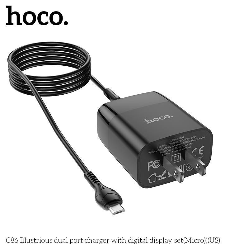 Bộ Sạc Micro-USB Hoco C86 Cho Samsung, Xiaomi, Oppo,... Bộ Sạc 2 Cổng Có Đèn Led, Sạc Nhanh MAX 2.4A