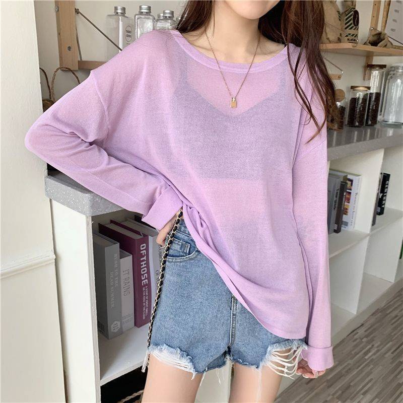 Mesh sunshine shirt top summer new Korean loose lace long sleeve T-shirt female shirt