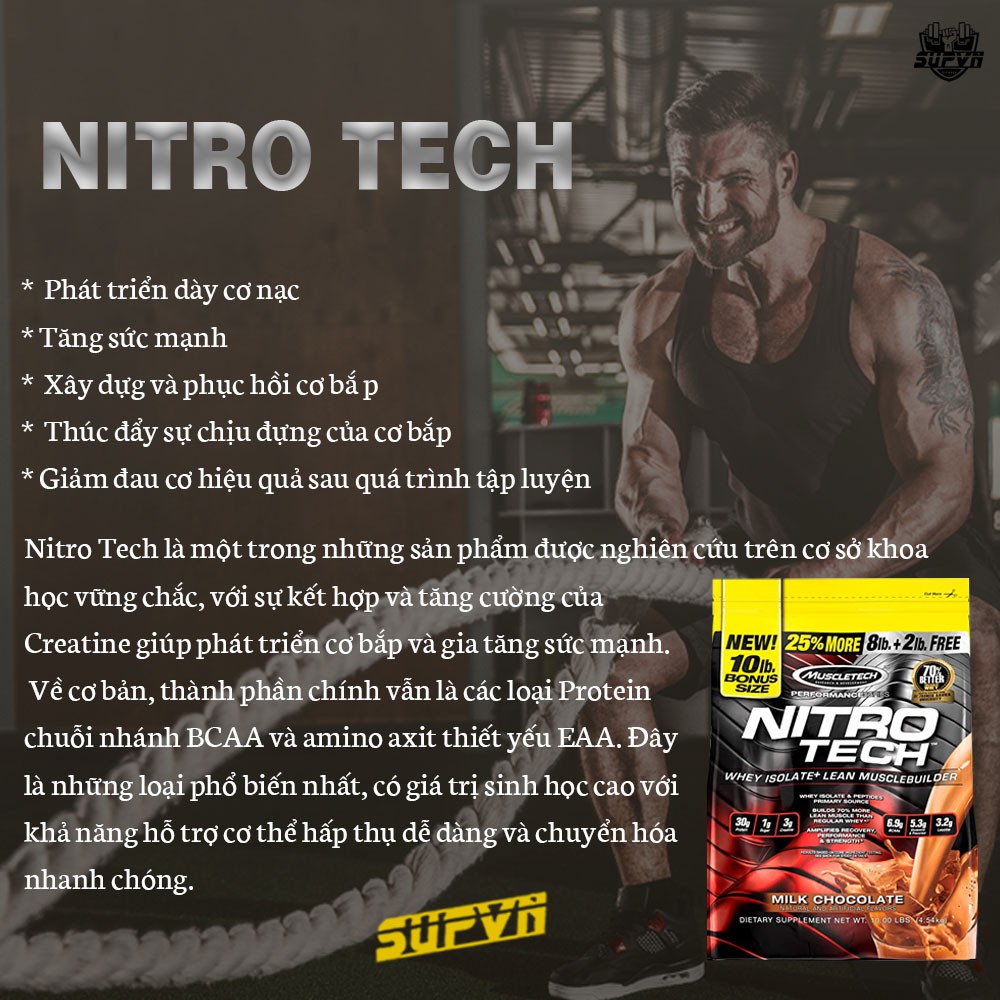 Nitro Tech 10Lbs sữa tăng cơ Muscle tech Thực phẩm bổ sung tập gym -Hỗ trợ tăng cơ, tăng sức bền và sức mạnh NitroTech M