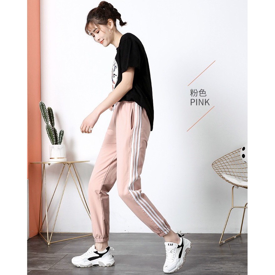 Quần Jogger nữ 3 sọc chất kaki mềm cao cấp (3 màu Đen, Xám, Hồng)