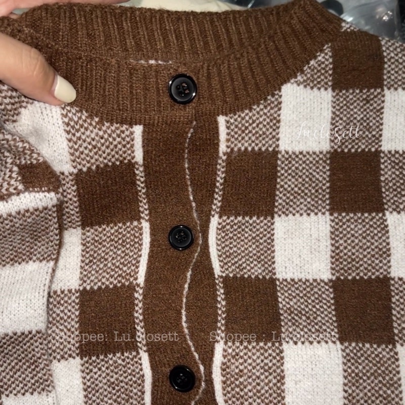 Set áo khoác cardigan len kèm áo 2 dây croptop hoạ tiết kẻ ô phong cách ulzzang LU.CLOSETT