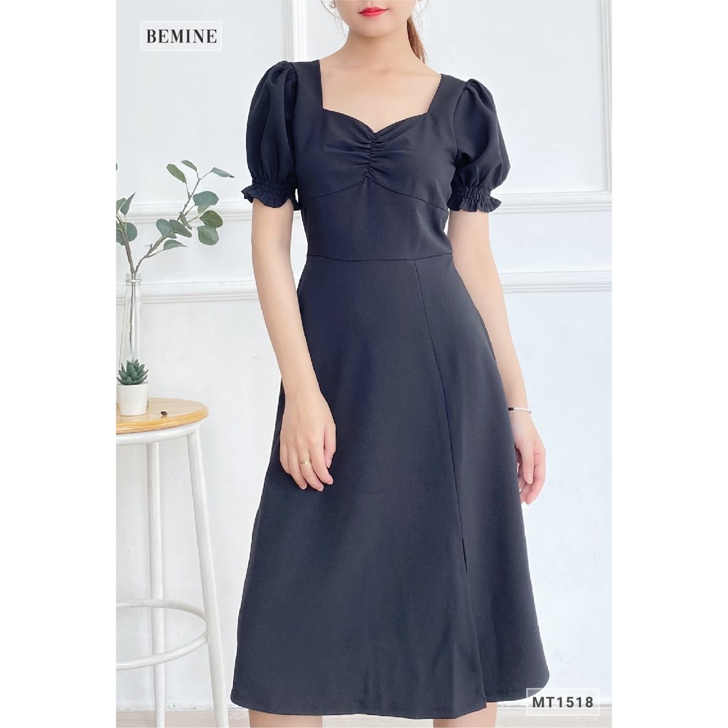 Đầm cổ tim nhún ngực BEMINE MT1518DEN | BigBuy360 - bigbuy360.vn