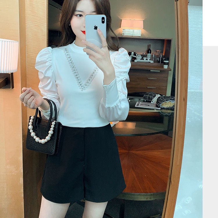 Áo Thun Tay Dài Dáng Ôm Đính Hạt Cườm Quyến Rũ Thời Trang Mùa Xuân