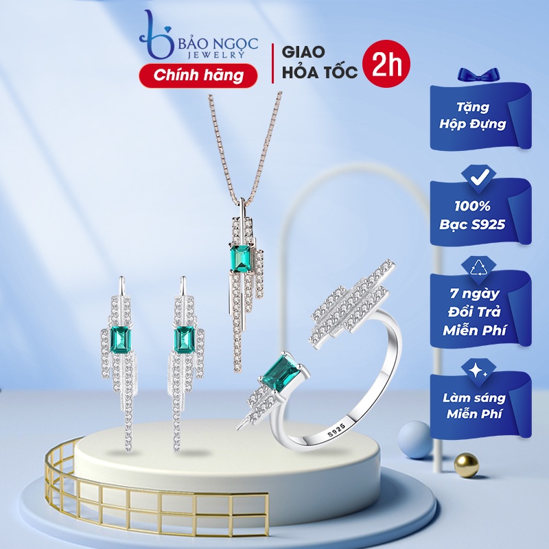 Bộ Phụ Kiện Trang Sức Bạc Đính Đá Xanh Phong Cách Quý Tộc BNT607 Bảo Ngọc Jewelry