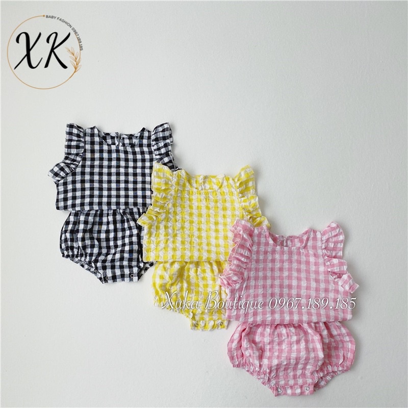 Bộ Quần Áo Cộc Tay Kẻ Caro Bé Gái 0-2 Tuổi Xuka Boutique Set Quần Áo Trẻ Em Quảng Châu Mẫu Mới 2022