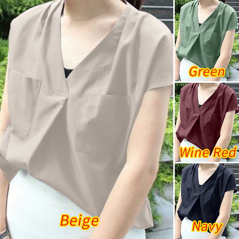 Áo kiểu ZANZEA tay ngắn cổ chữ V màu trơn thời trang mùa hè cho nữ