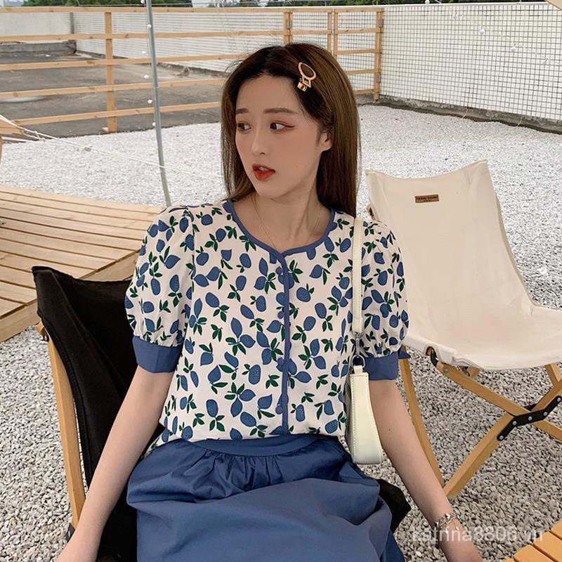 Set áo tay ngắn + chân váy lưng cao phong cách retro thời trang dành cho nữ