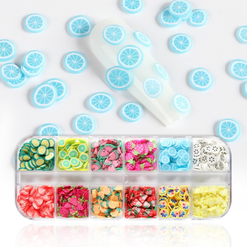 Hộp đất sét polymer mềm hình trái cây đính móng trang trí/ làm đồ trang sức thủ công diy thiết kế 12 ô