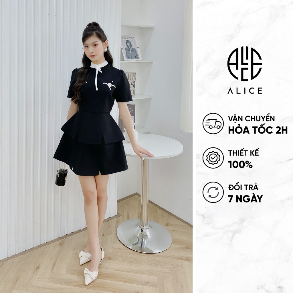 Set Váy Tiểu Thư Áo Cổ Tàu Phối Nơ Kèm Chân Váy Xòe Bổ Mảnh ALICE Thiết Kế Sang Chảnh Chất Vải Mềm Mịn Cao Cấp S863