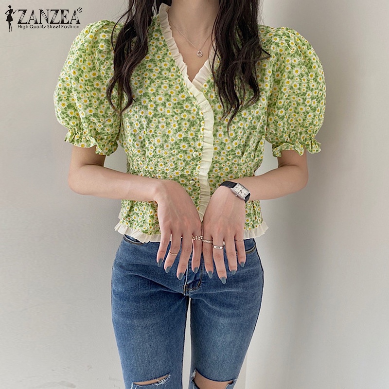Áo Zanzea kiểu tay phồng cổ chữ v in họa tiết hoa phong cách Hàn Quốc thời trang cho nữ