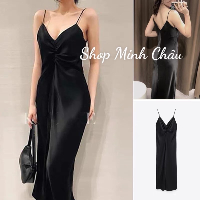 (Sẵn)Váy midi 2 dây lụa đen xẻ trước Zarrra