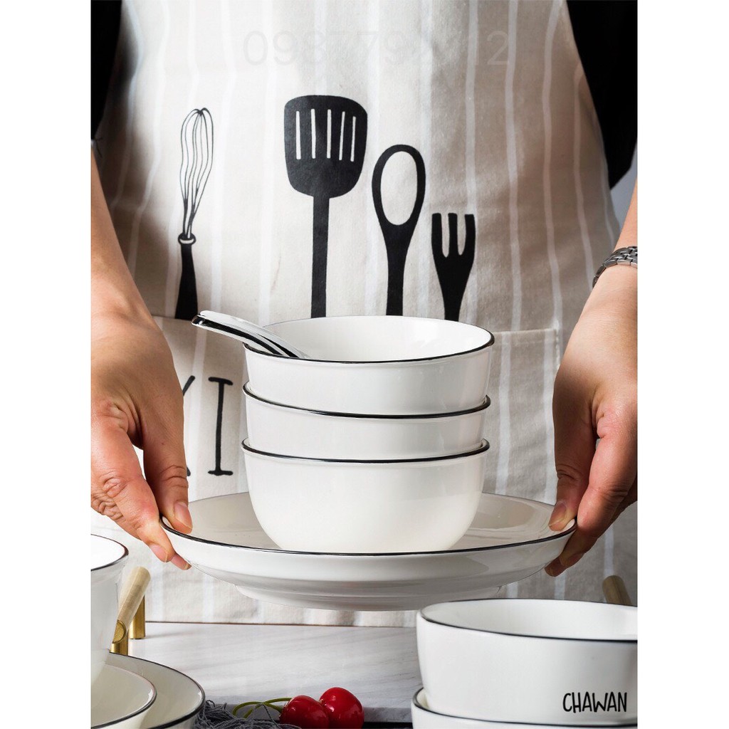 BÁT ĂN CƠM BÁT SỨ TỐI GIẢN TRẮNG VIỀN ĐEN (BÁN LẺ MÓN)- S4
