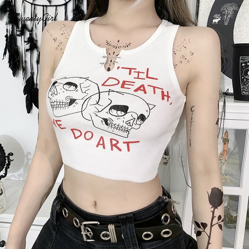 Áo Tank Top Cổ Tròn In Họa Tiết Đầu Lâu Hoạt Hình Phong Cách Gothic Thời Trang Cho Nữ