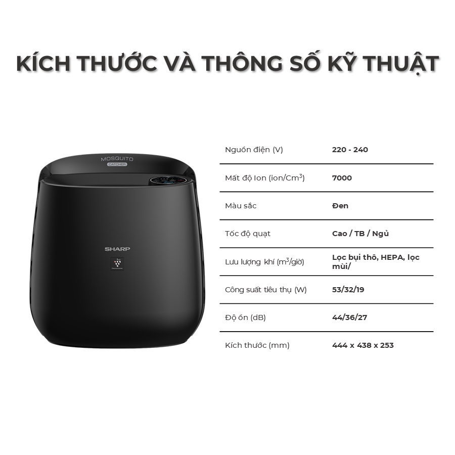Máy lọc không khí Sharp FP-JM30V-B  tạo ion bắt muỗi khử mùi lọc bụi diệt khuẩn công nghệ Plasmacluster ion chính hãng