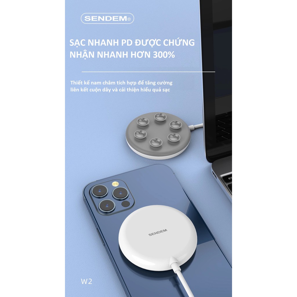 Đế sạc không dây SENDEM W2 hỗ trợ sạc nhanh QC3.0, Pd 15W thiết kế nam châm hút ổn định và chắc chắn