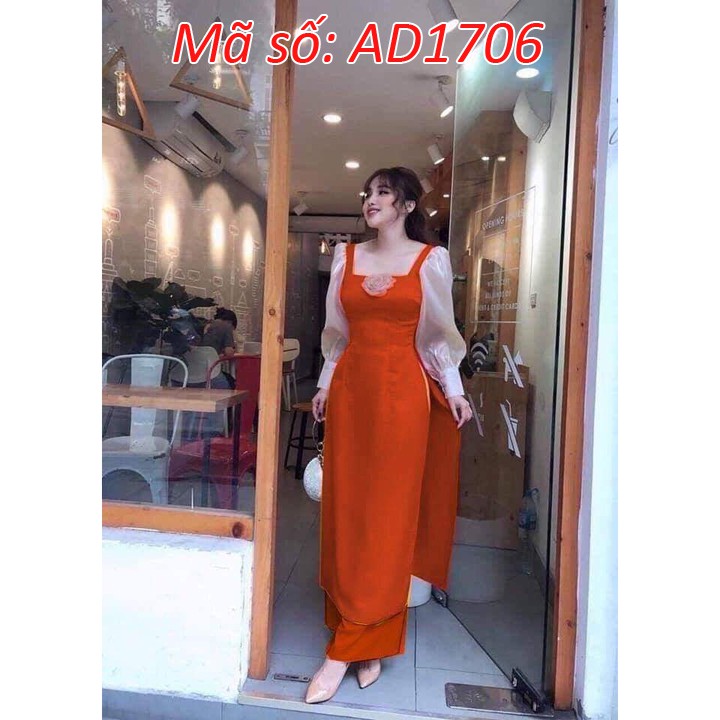⚡️ có big size 5XL ⚡️ AD1706 Set áo dài cách tân cổ vuông tay phòng đính hoa kèm quần ống rộng