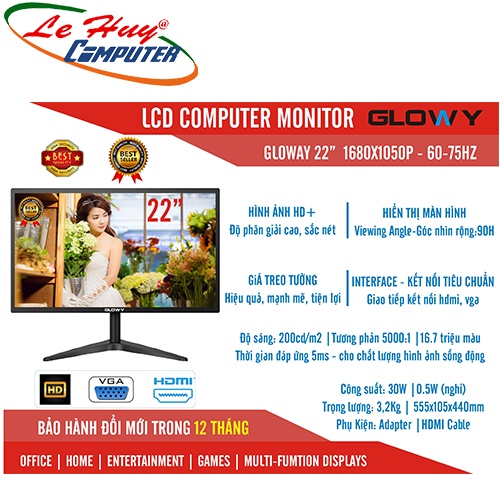 Màn hình máy tính GLOWY GL22 22Inch (1680x1050) VGAHDMI