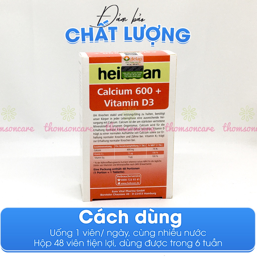 Heilusan Calcium 600 Vitamin D3 - Hỗ trợ hấp thu Canxi giúp xương răng chắc khỏe - Nhập khẩu từ Đức (Hộp 48 Viên)
