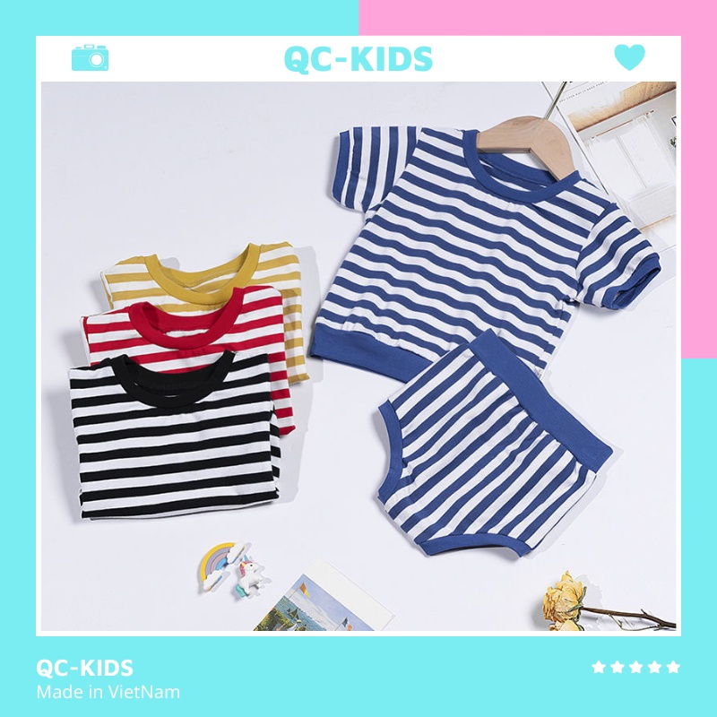 Quần áo trẻ em sơ sinh 0 12 tháng QC-KIDS, bộ body cho bé trai bé gái mùa hè cộc tay chất cotton mẫu kẻ 3-15kg