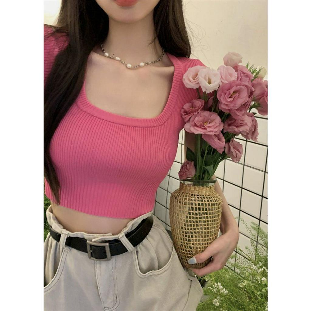 Áo Croptop Dệt Kim Tay Ngắn Cổ Vuông Dáng Ôm Thời Trang Quyến Rũ Cho Nữ