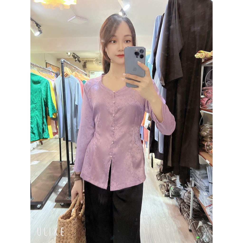 Áo màu Tím lụa gấm Hàn Châu # Đồ Phật tử lụa cao cấp # bà ba vân gấm hoa sen cúc ngọc xinh xắn AB12 Tím