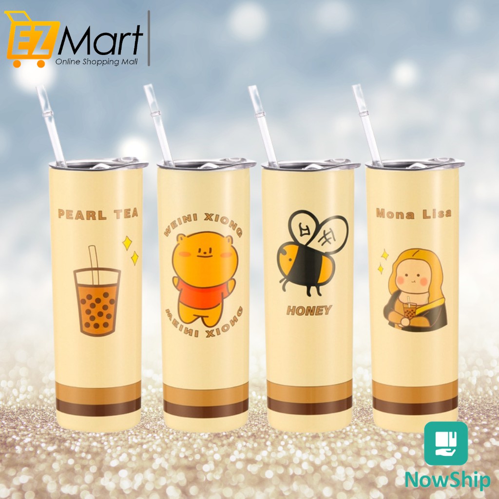 Ly Giữ Nhiệt In Hình Cute Inox 304 Tặng Kèm Ống Hút Có Nắp Đậy 650ml Sang Trọng - Giao Mẫu Ngẫu Nhiên