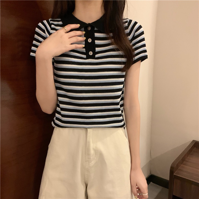 Áo thun ZHELIHANGFEI polo dệt kim tay ngắn kẻ sọc thời trang mùa hè dễ phối đồ cho nữ