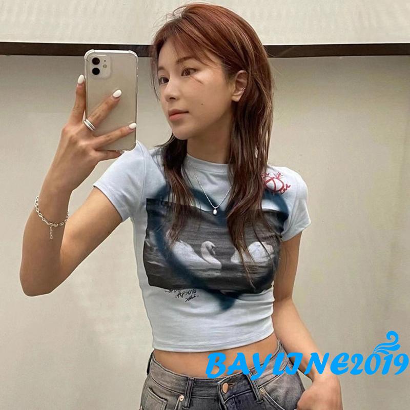 Áo Croptop Ngắn Tay Cổ Tròn In Họa Tiết Thiên Nga Trái Tim Xinh Xắn Theo Phong Cách Mùa Hè Dành Cho Nữ