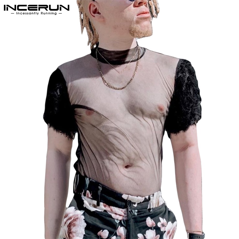 Áo thun INCERUN lưới xuyên thấu ngắn tay phối tua rua gợi cảm cho nam