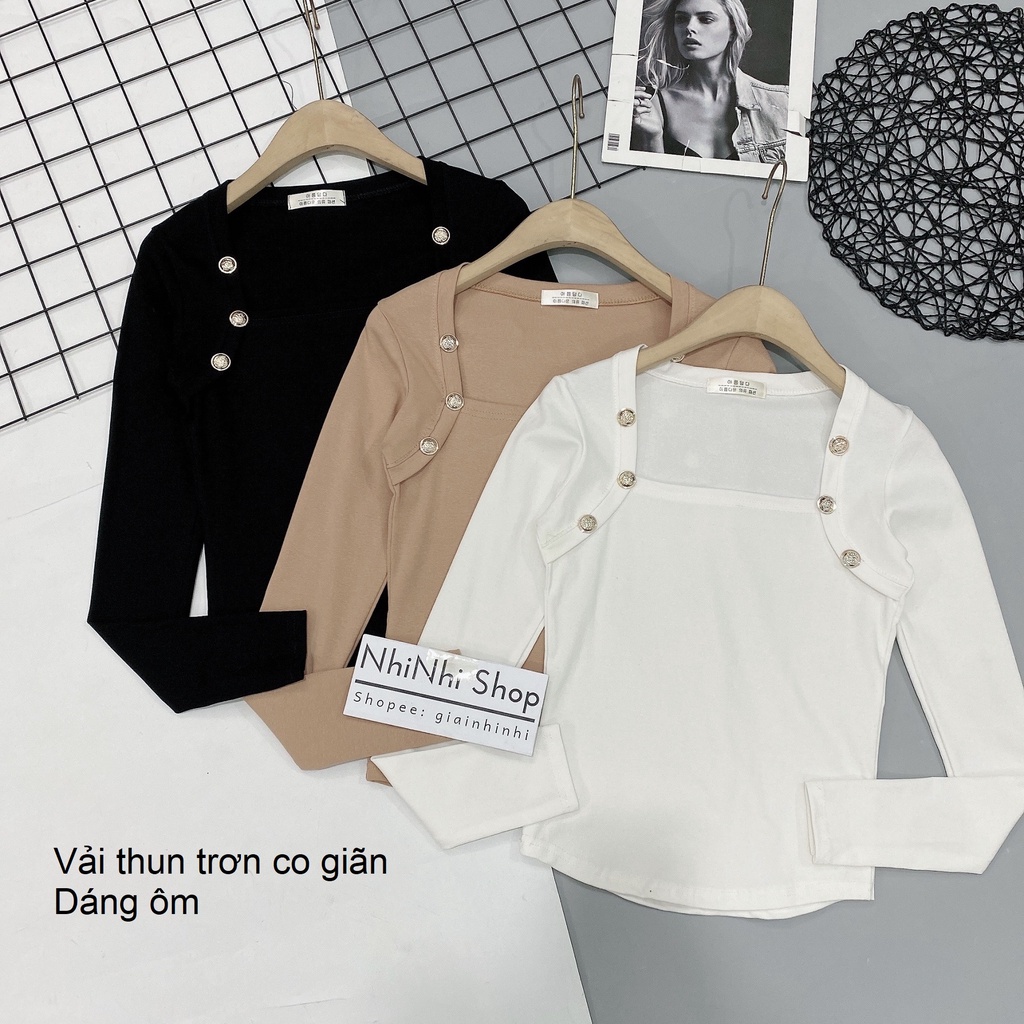 [Mã FAMARAL1 giảm 10K đơn 50K] Áo thun cổ vuông khuy vai dài tay, Áo kiểu dáng ôm cổ U sexxy AS6588 - NhiNhi Shop