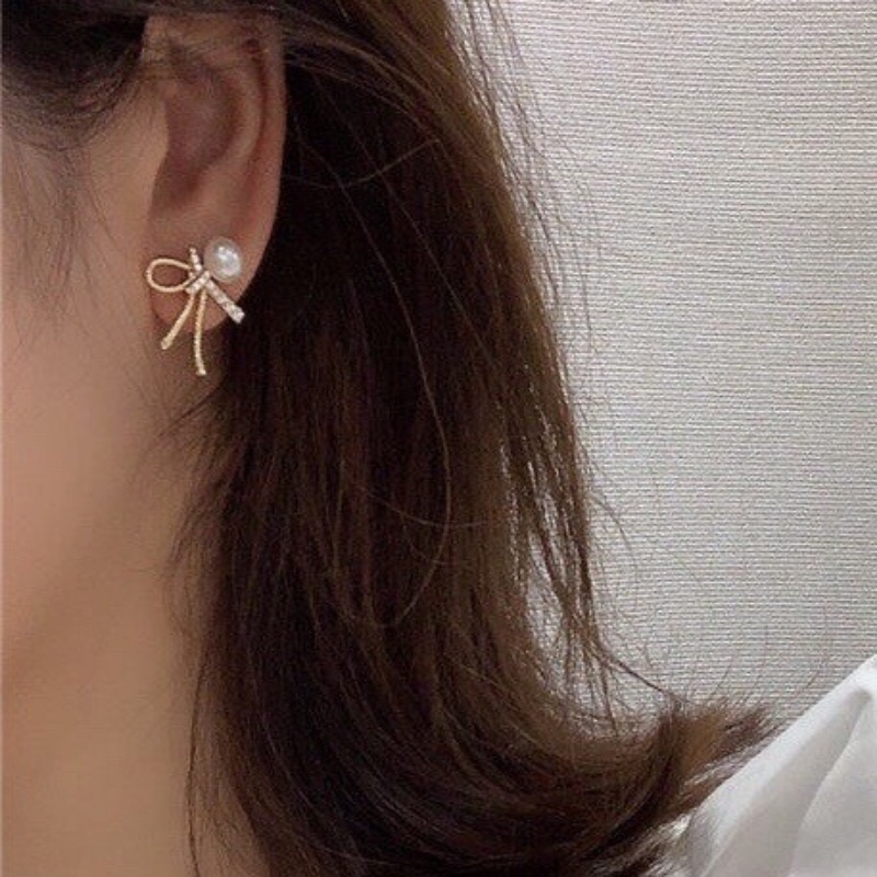 Khuyên Tai Nơ Đính Đá Và Ngọc Trai Phong Cách Hàn Quốc