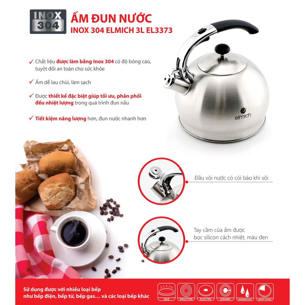 ẤM ĐUN NƯỚC INOX 304- 💖FREESHIP 💖 ELMICH 3373 (Cam kết hàng chính hãng)