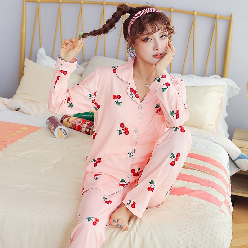 đồ ngủ♣❀✣100% Cao -end pyjama phụ nữ mùa xuân và thu dài tay cho người trung niên tuổi cộng với kích thước mặc nh