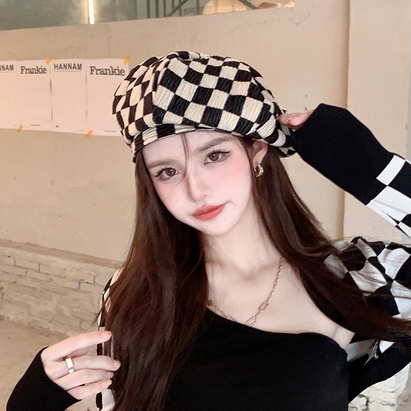 Mũ Beret Họa Tiết Sọc Caro Thời Trang Xuân Hè Cá Tính Cho Nữ