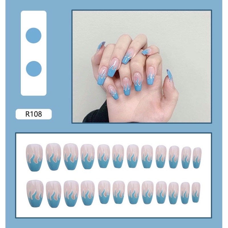 [Hàng có sẳn]Bộ 24 móng giả form dài hoạ tiết phối lửa cá tính cho nữ