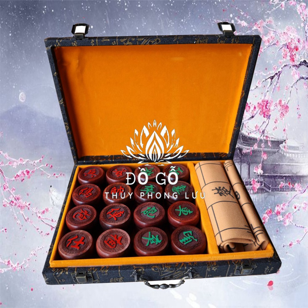 Vali cờ tướng 32 quân,Hộp cờ tướng kèm bao da gỗ hương