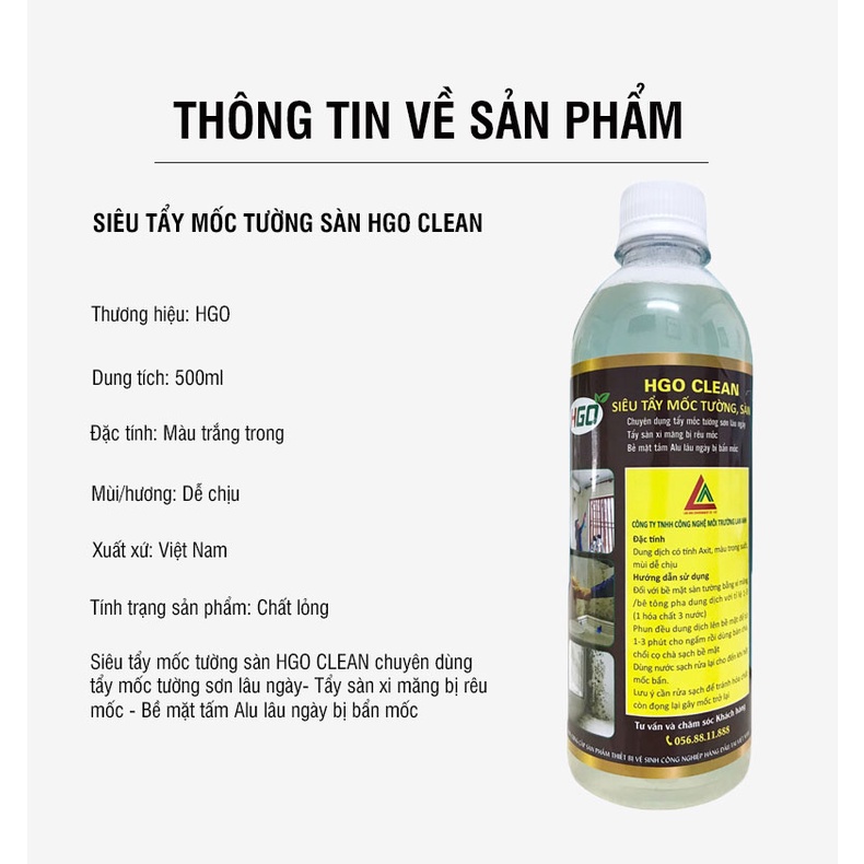 Siêu tẩy mốc tường, sàn HGO CLEAN tẩy mốc tường sơn lâu ngày, tẩy sàn rêu mốc, tấm alu bẩn mốc. Chai 500ml