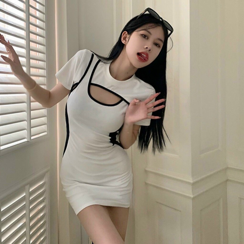 Đầm viền màu tay ngắn khoét ngực ôm body cực sexy , chất thun gân dày dặn