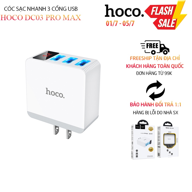 Cóc sạc nhanh 3 cổng USB 3.4A Hoco DC03 Pro Max, màn hình led, tương thích nhiều thiết bị